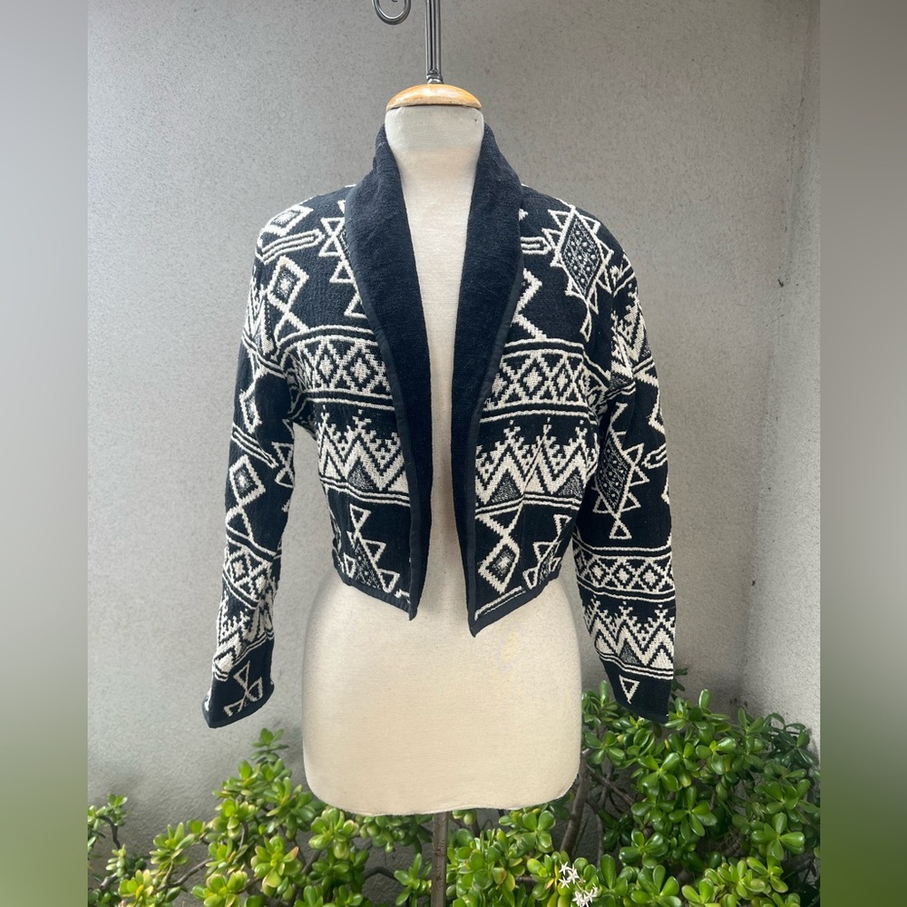 Vintage Southwestern cotton jacket bolero style fabric black white S Fiorlini